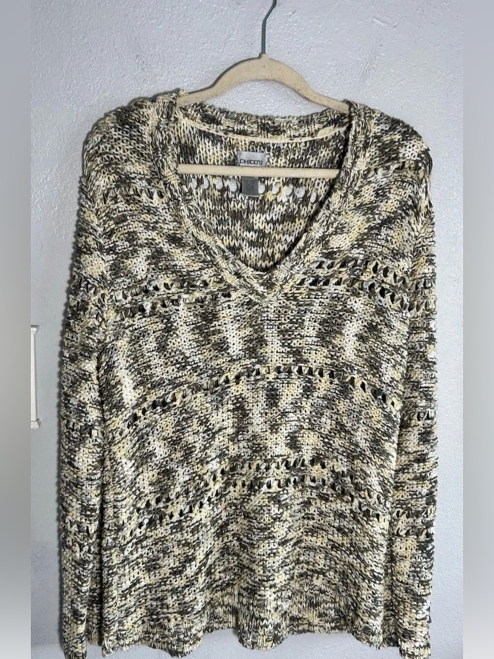 Chico's Size 3 (US XL) Multi Color Loose Knit V Neck Pullover Sweater Oversized